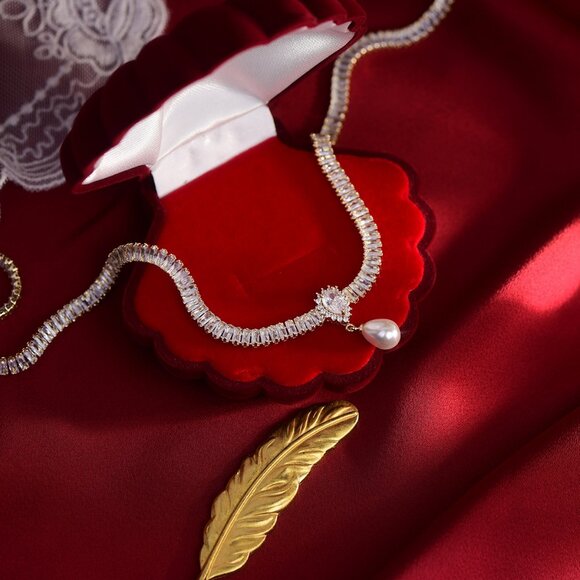 NEW 14K Gold Plated Baguette Diamond Pearl Drop Necklace - Picture 6 of 12